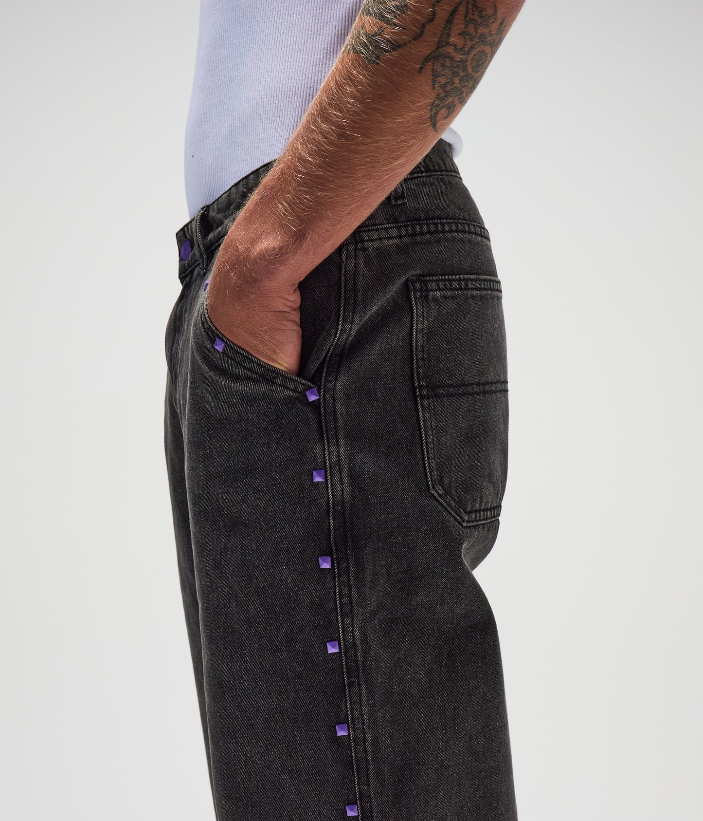 FORMER Studded Denim Pant in Washed Black - FORMER x RAGE Collection